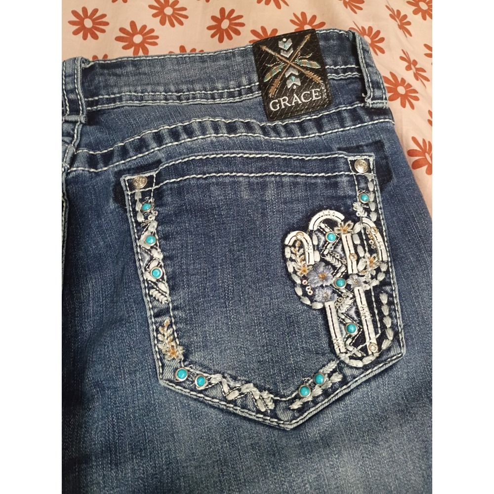 Grace in LA Womens Cactus Embroidered Bootcut Jeans Turquoise Studded Size 34